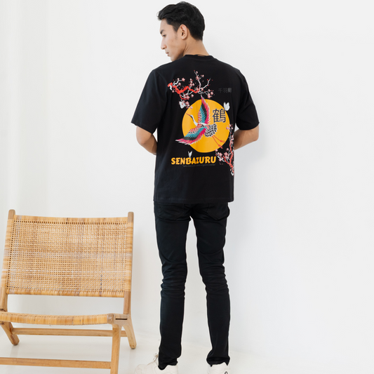 Kuroi Japanese Crane Blossom Tee | Elegant Japanese Streetwear