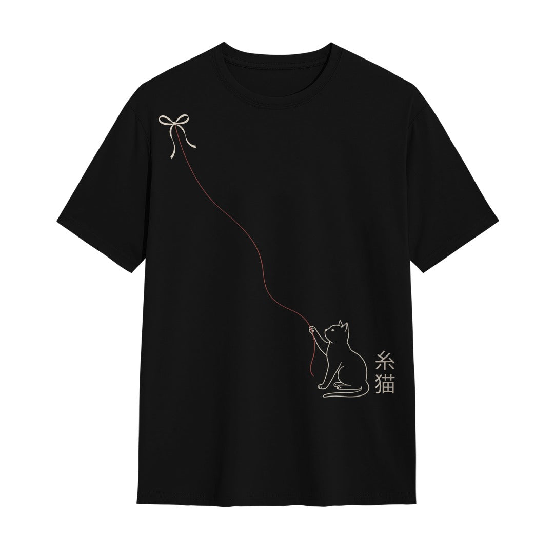 Kuroi Oversized Crimson Thread Cat Tee | Japanese Printed Streetwear