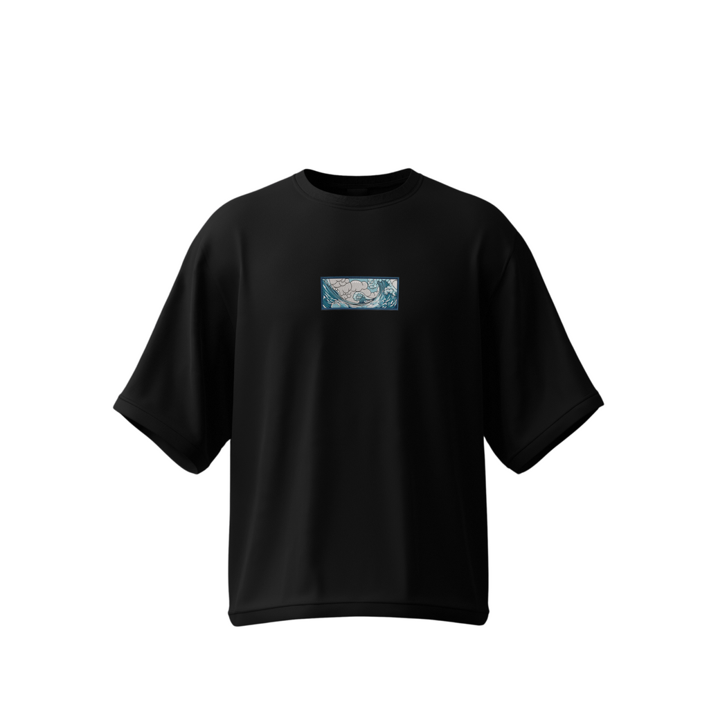 Kuroi Oversized Wave Tee | Pakaian Jalanan Jepang Minimalis Bordir