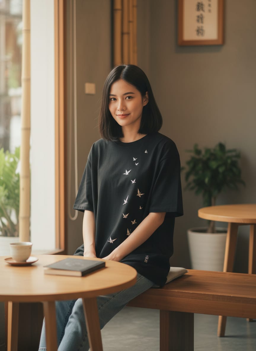 Kuroi Oversized MONO CRANE Tee | Japanese Printed Streetwear