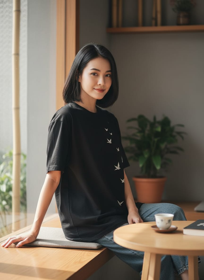 Kuroi Oversized MONO CRANE Tee | Japanese Printed Streetwear
