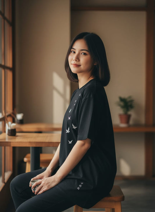 Kuroi Oversized MONO CRANE Tee | Japanese Printed Streetwear
