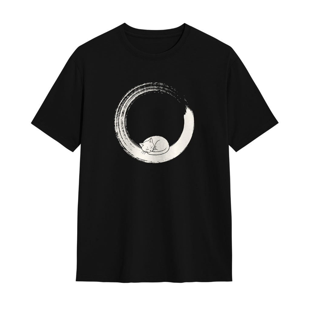 Kuroi Enso Neko oversized black tee - cat asleep in Zen brush circle white line art