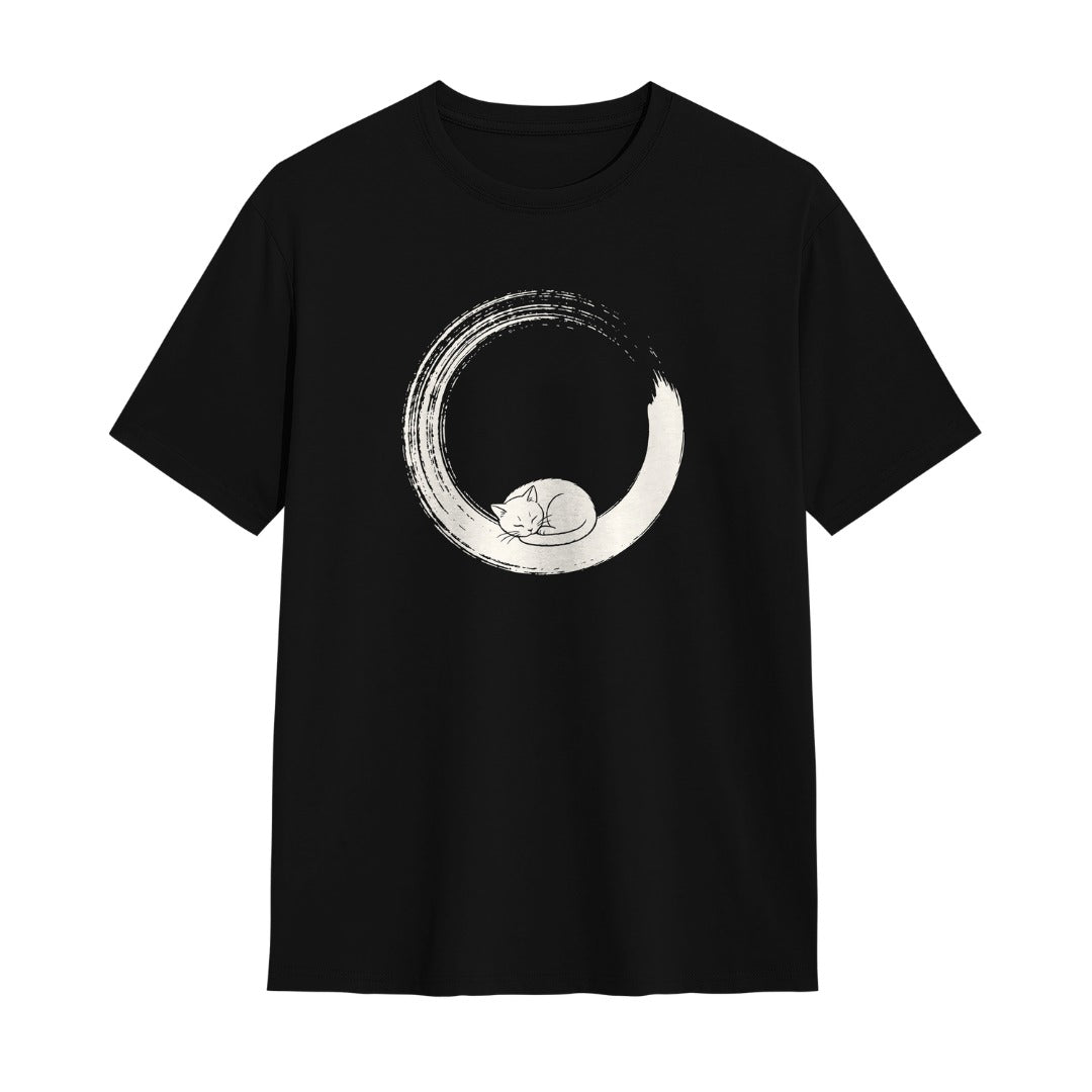 Kuroi Enso Neko oversized black tee - cat asleep in Zen brush circle white line art