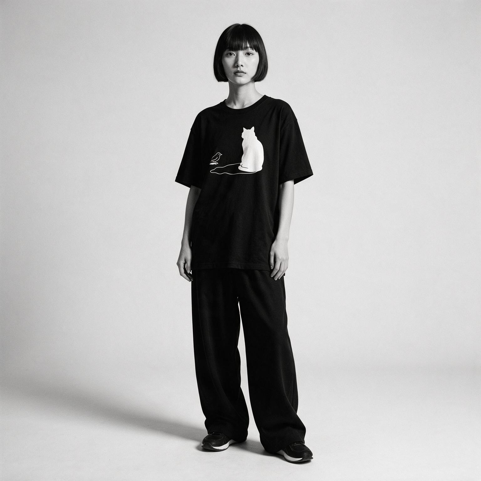Model wearing Kuroi Tori no Yume oversized black tee - Japanese minimalist streetwear