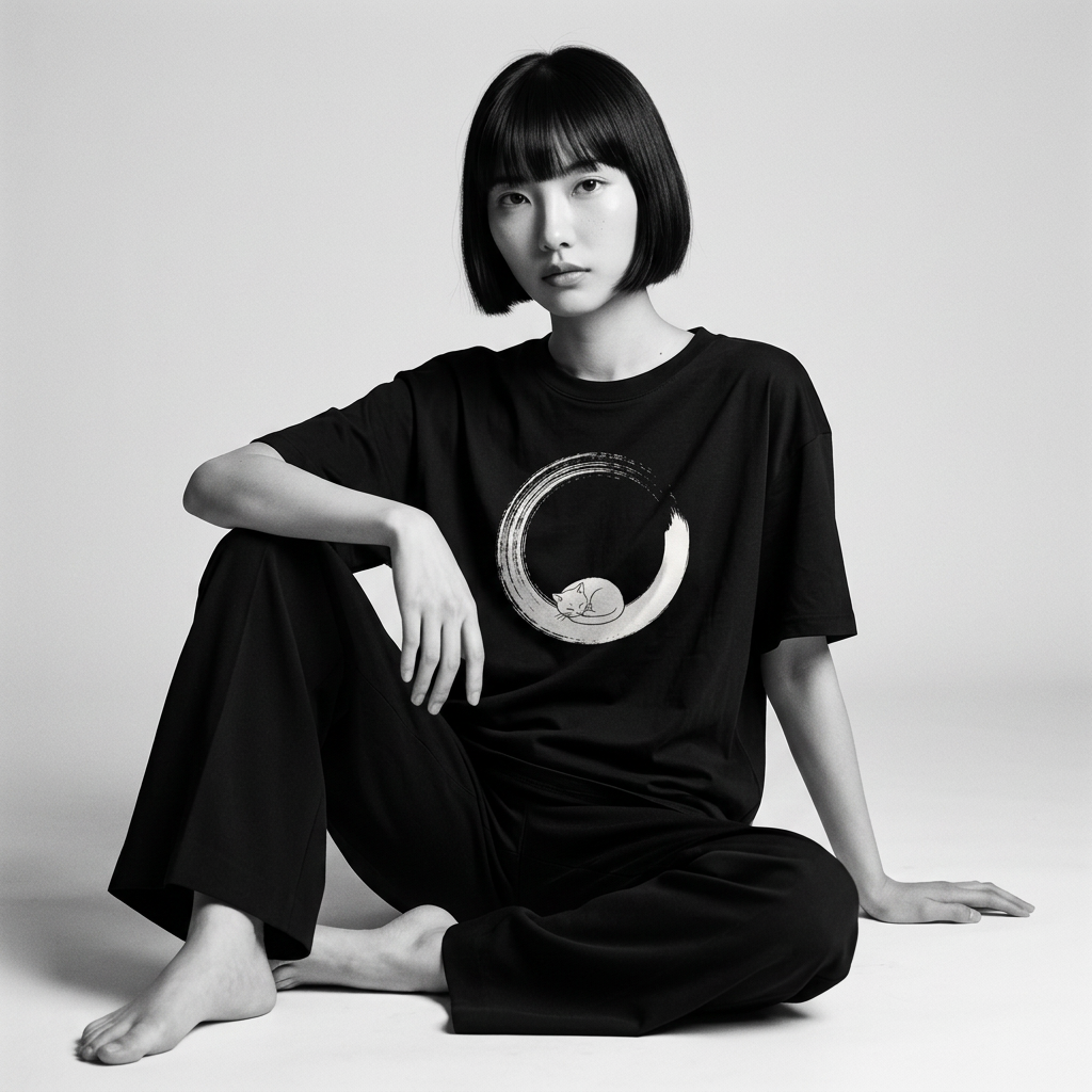Kuroi Enso Neko tee on model - streetwear fit photo 2