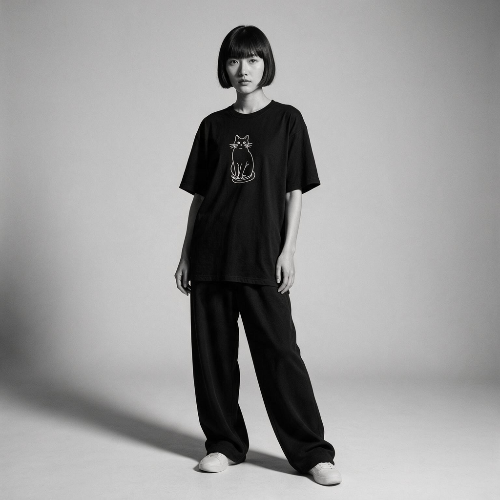 Kuroi Mono Neko tee on model - streetwear fit photo 4