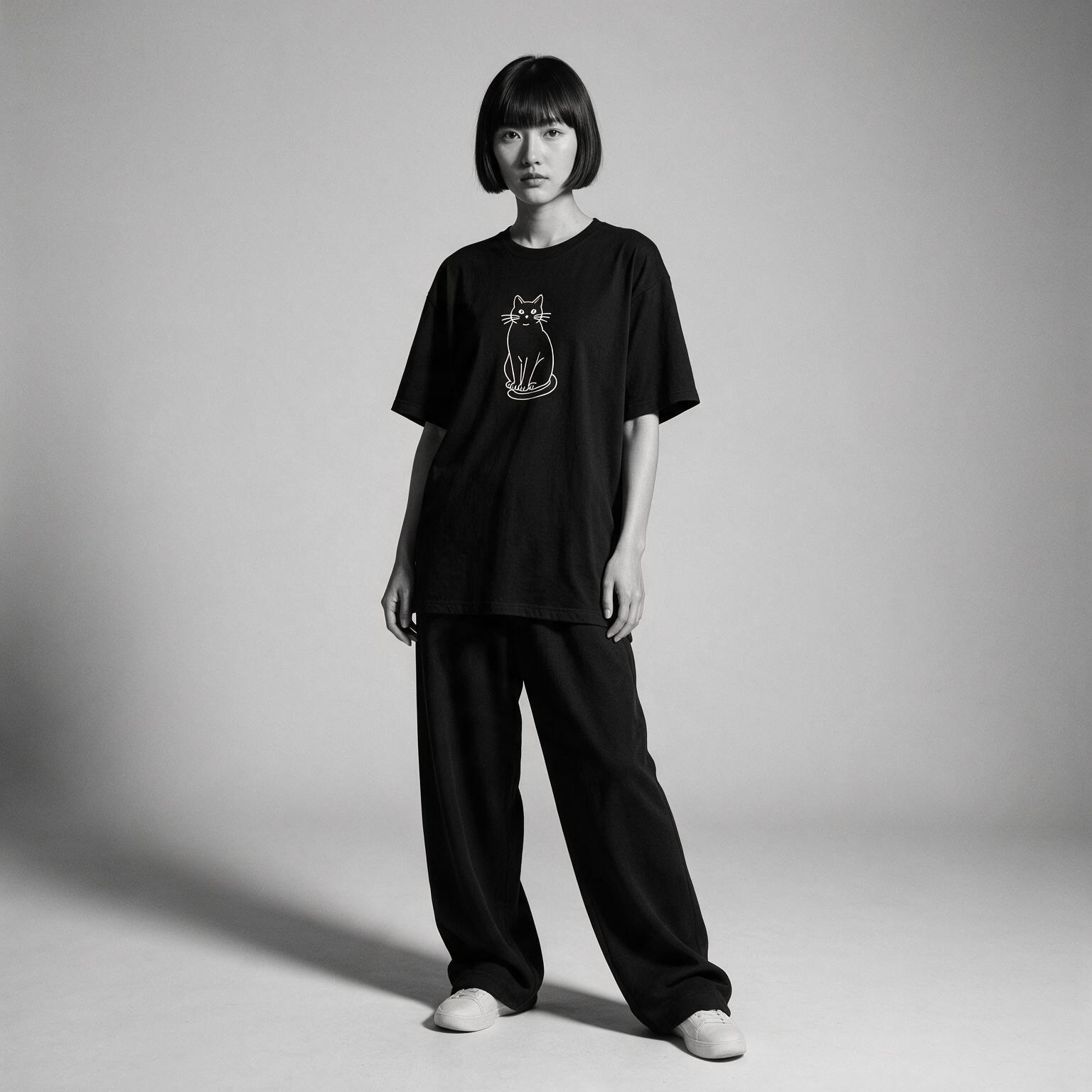 Kuroi Mono Neko tee on model - streetwear fit photo 4