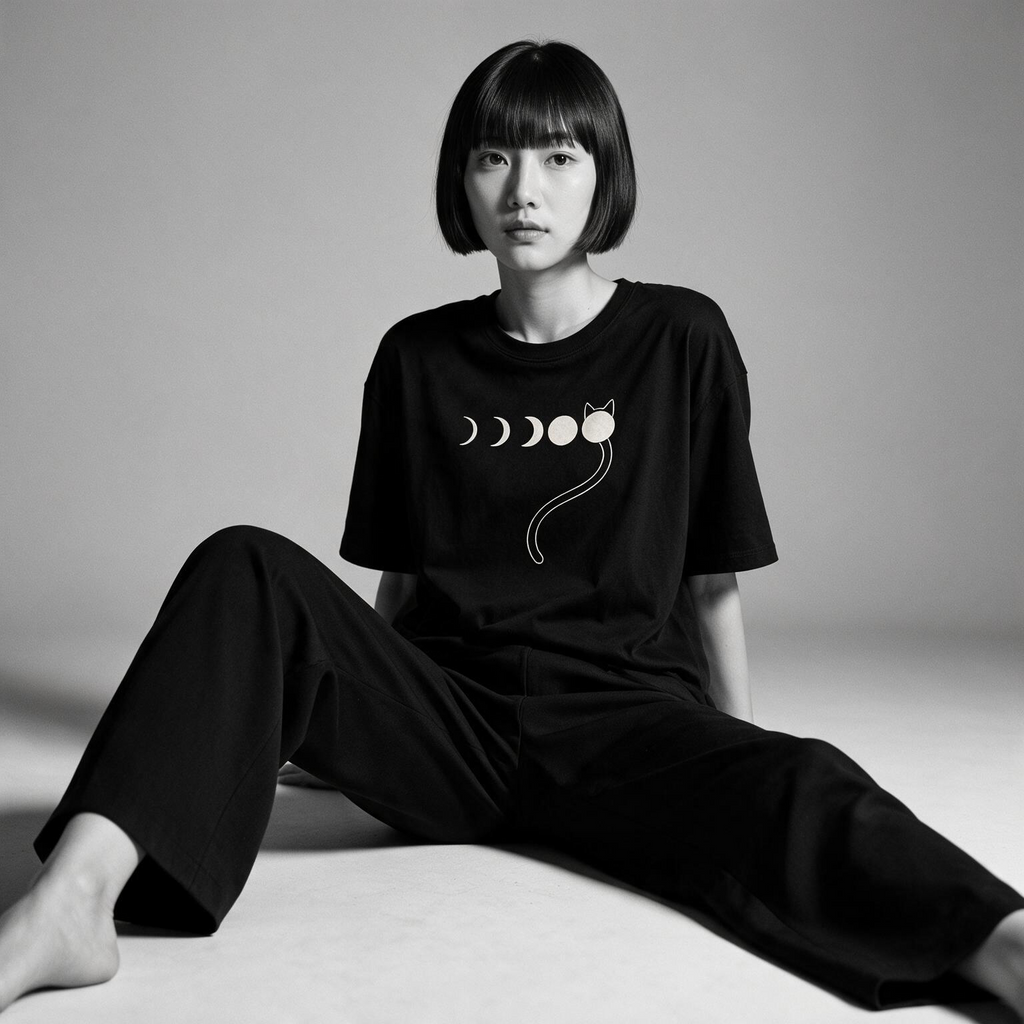 Kuroi Tsuki no Neko tee on model - streetwear fit photo 2