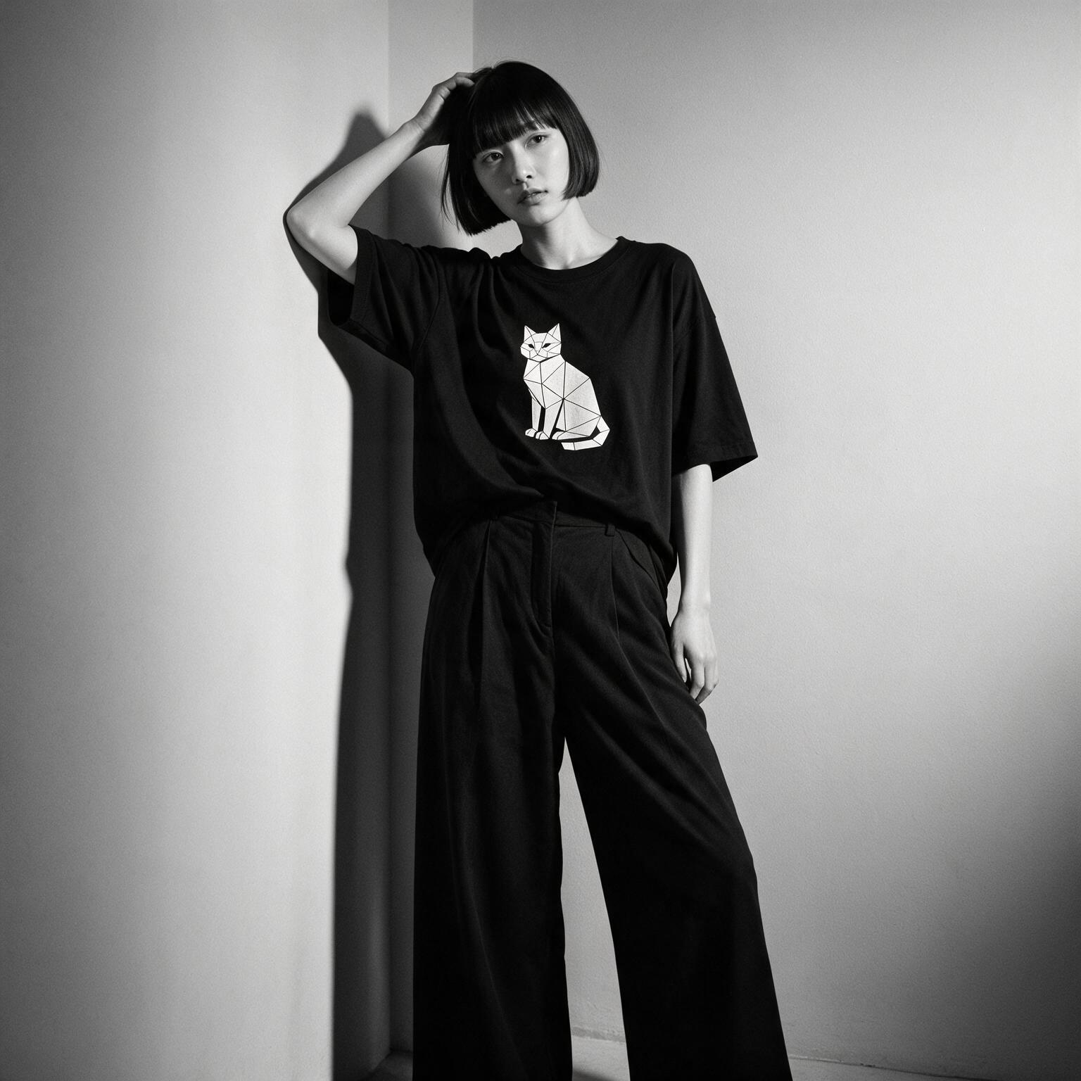 Model wearing Kuroi Origami Neko oversized black tee - Japanese minimalist streetwear