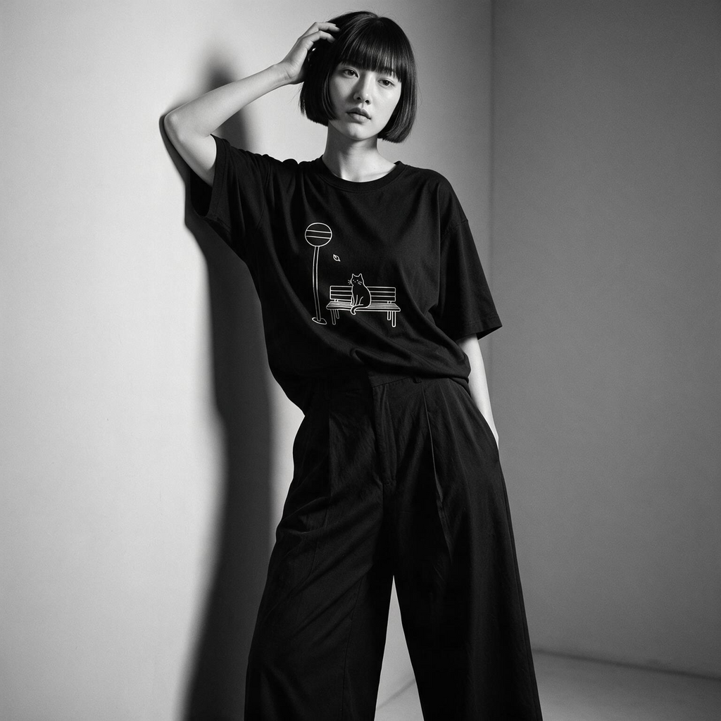 Model wearing Kuroi Basu Tei Neko oversized black tee - Japanese minimalist streetwear