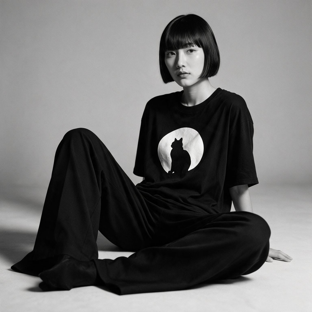 Model wearing Kuroi Yozora no Ana oversized black tee - Japanese minimalist streetwear