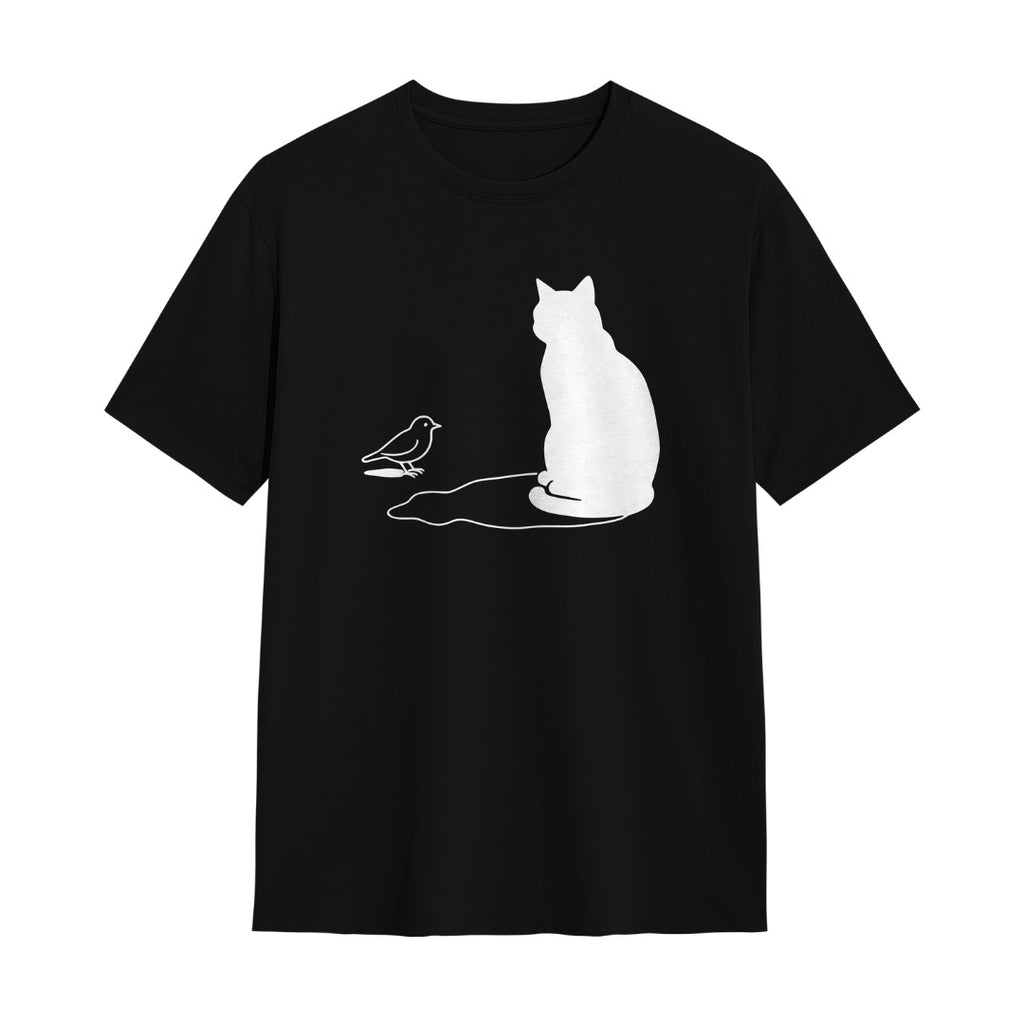 Kuroi Tori no Yume oversized black tee - bird with cat shadow line art