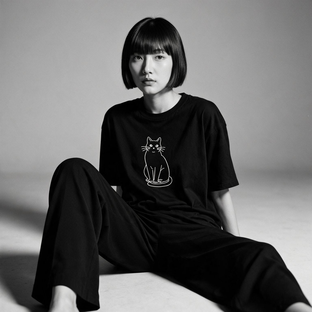 Kuroi Mono Neko tee on model - streetwear fit photo 3