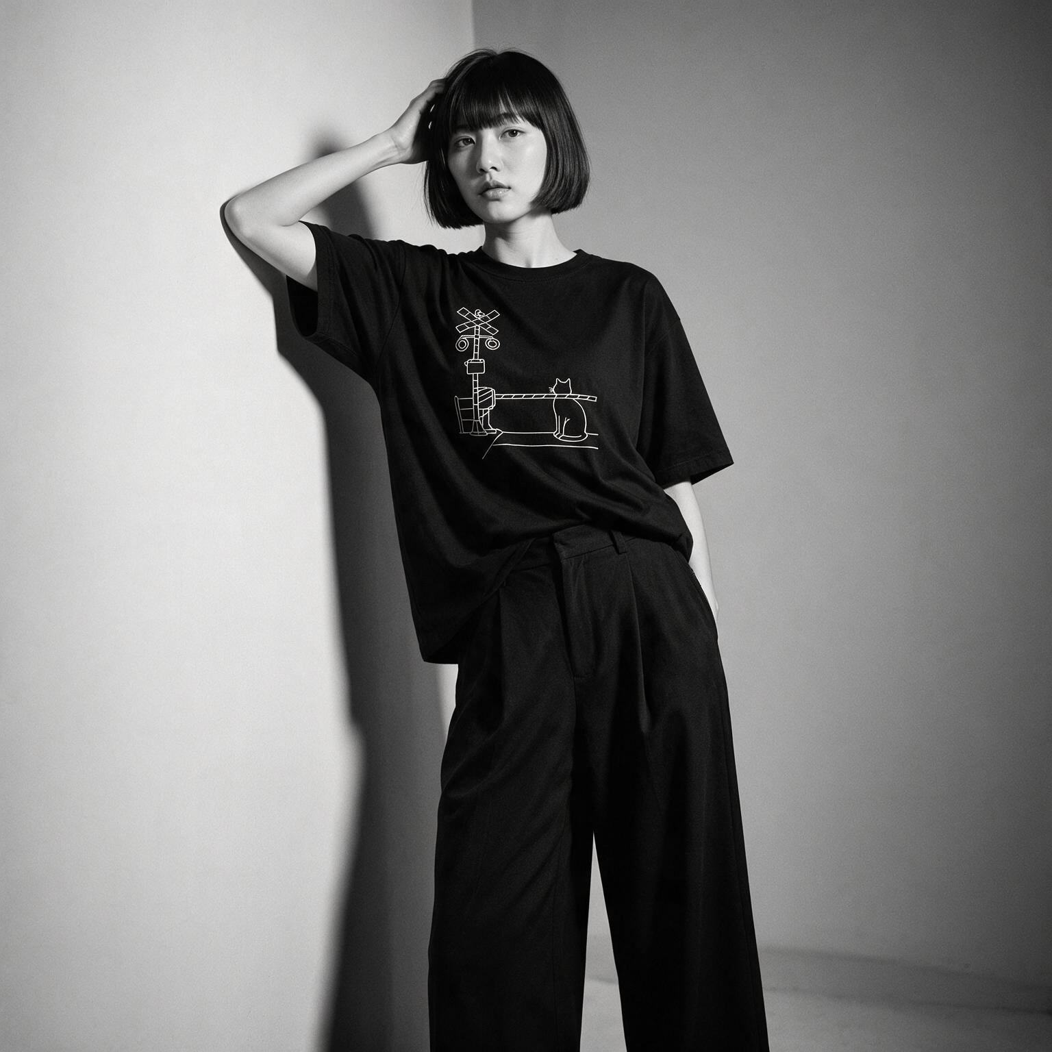Kuroi Fumikiri Neko tee on model - streetwear fit photo 2
