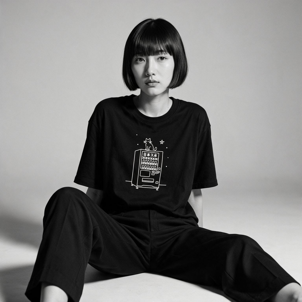 Kuroi Jihanki Neko tee on model - streetwear fit photo 2