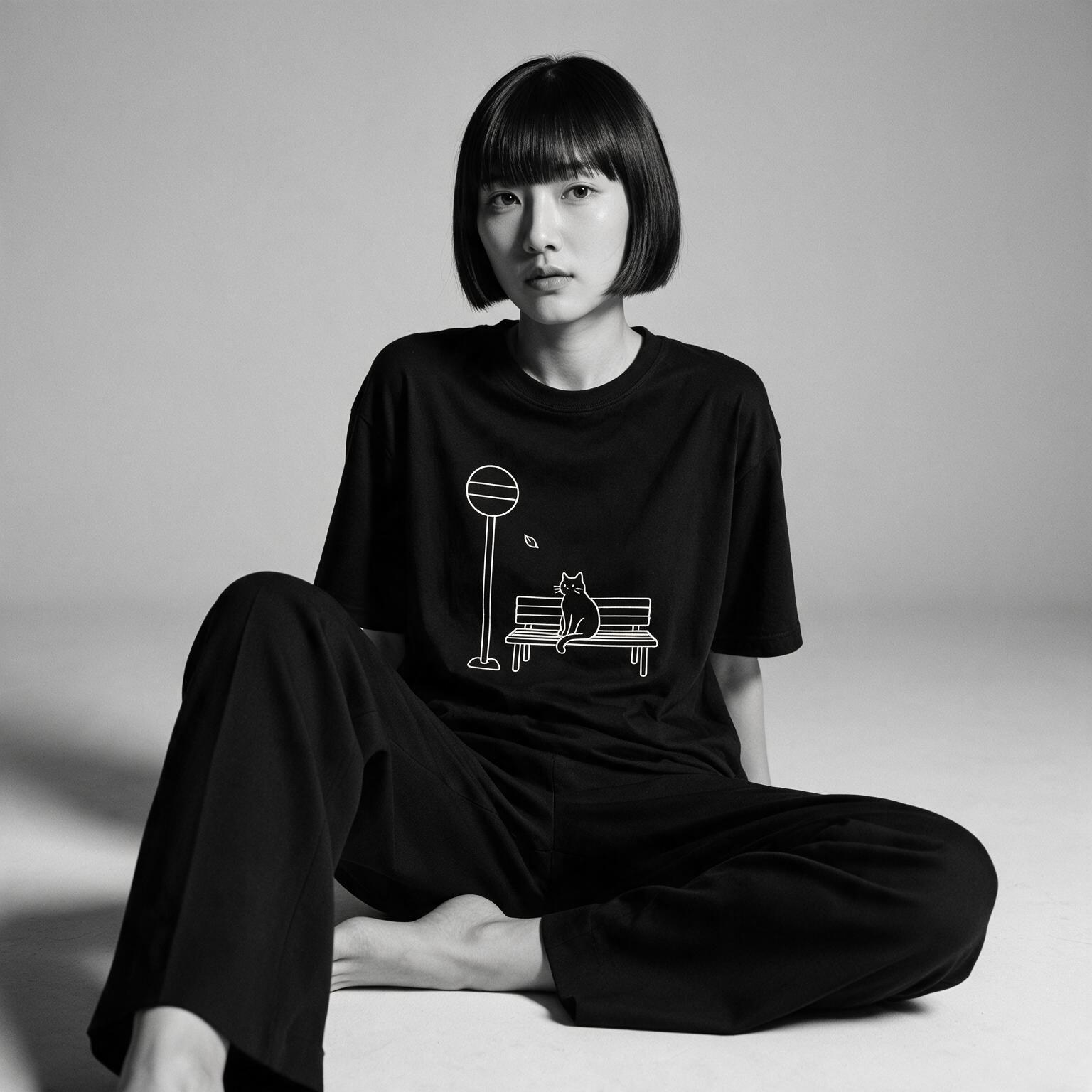 Kuroi Basu Tei Neko tee on model - streetwear fit photo 2