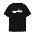 Kuroi Ichi oversized black tee - cat balancing on kanji brushstroke