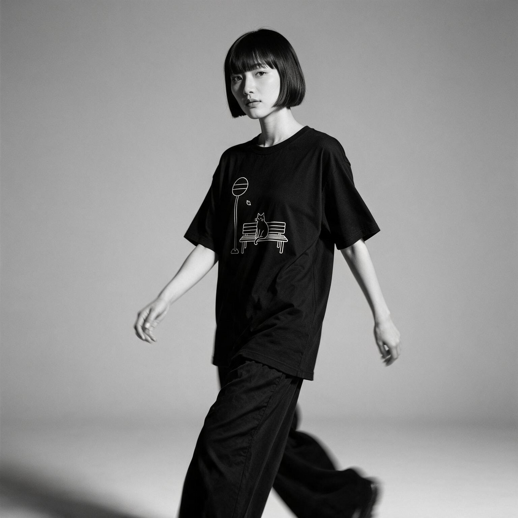 Kuroi Basu Tei Neko tee on model - streetwear fit photo 3