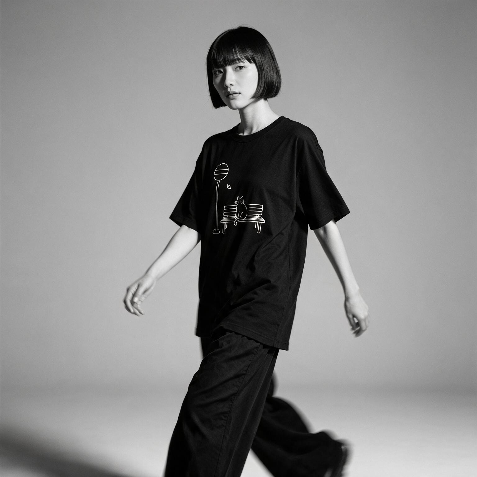 Kuroi Basu Tei Neko tee on model - streetwear fit photo 3