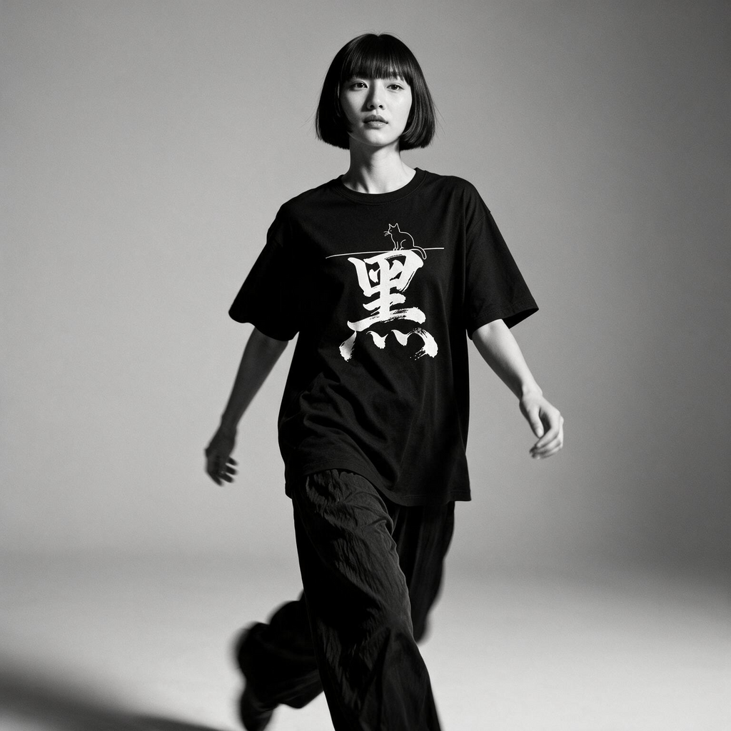 Kuroi Kuro kanji tee on model - streetwear fit photo 2