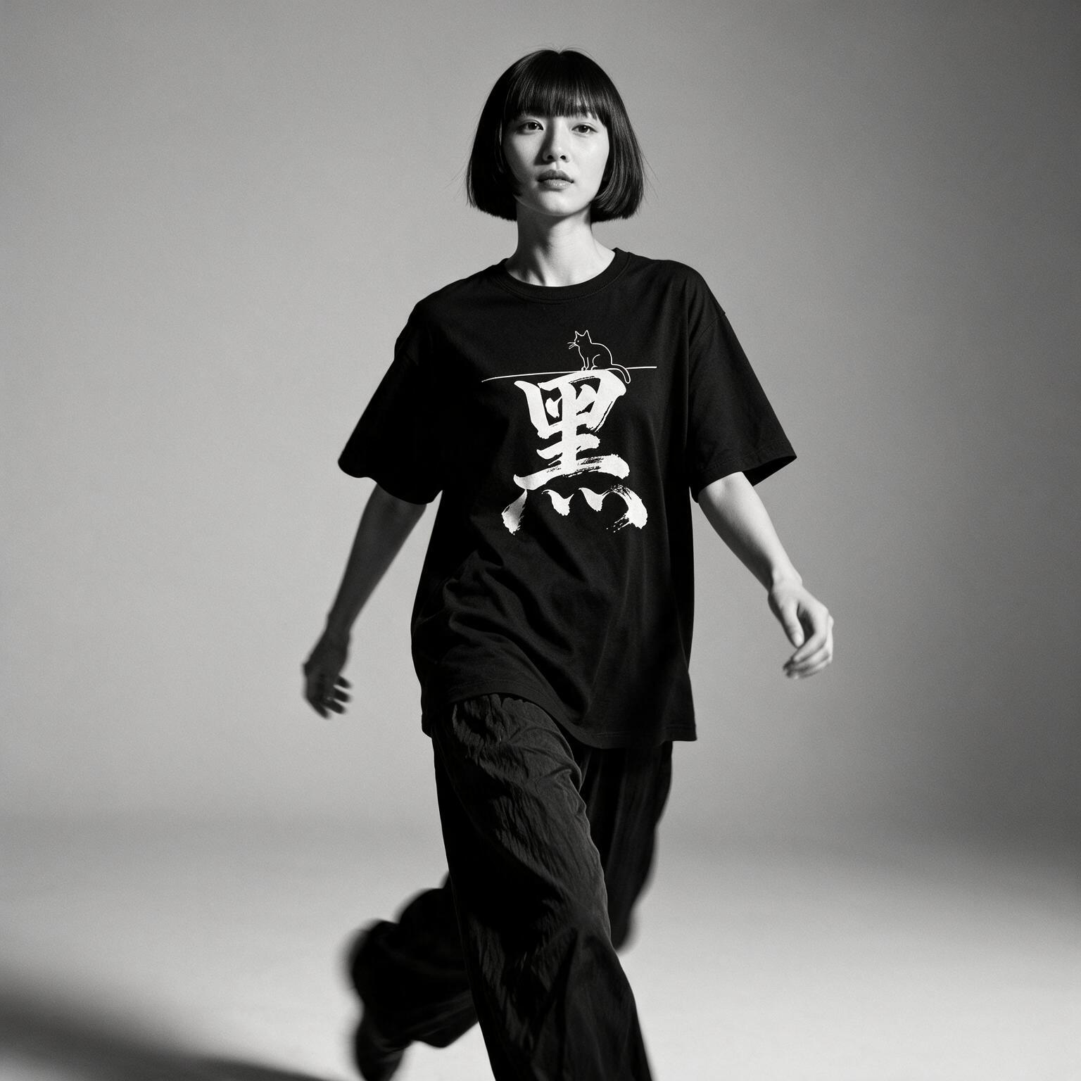 Kuroi Kuro kanji tee on model - streetwear fit photo 2