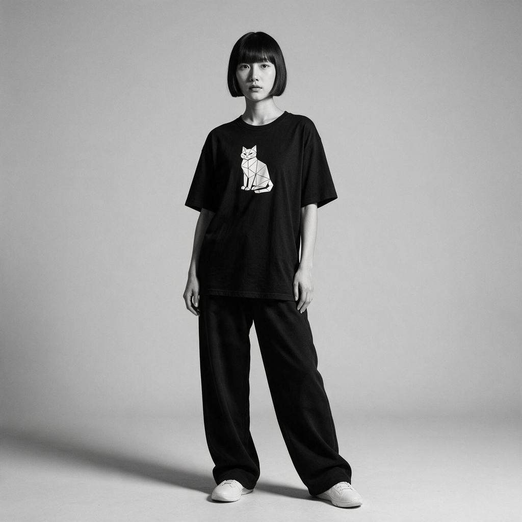Kuroi Origami Neko tee on model - streetwear fit photo 3