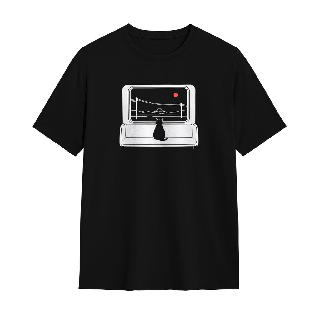 Kuroi Shaso oversized black tee - train window view with red sun and cat
