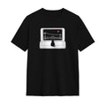 Kuroi Shaso oversized black tee - train window view with red sun and cat