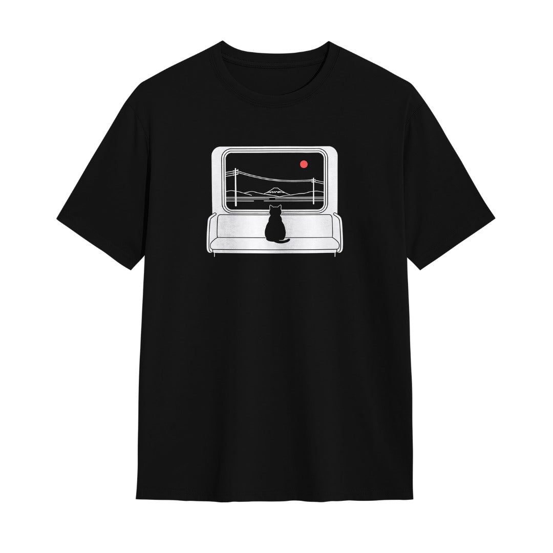 Kuroi Shaso oversized black tee - train window view with red sun and cat