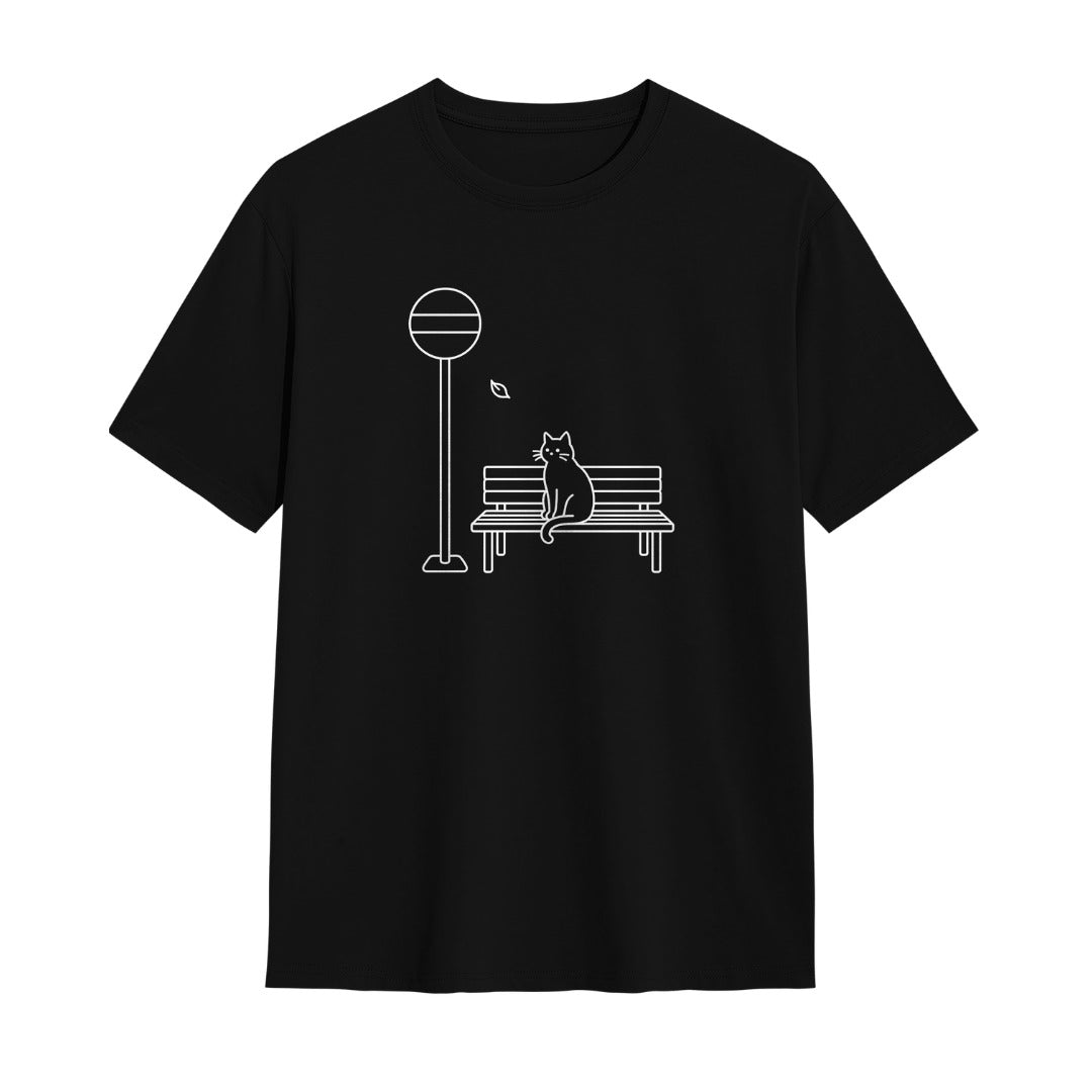 Kuroi Basu Tei Neko oversized black tee - cat on bus stop bench