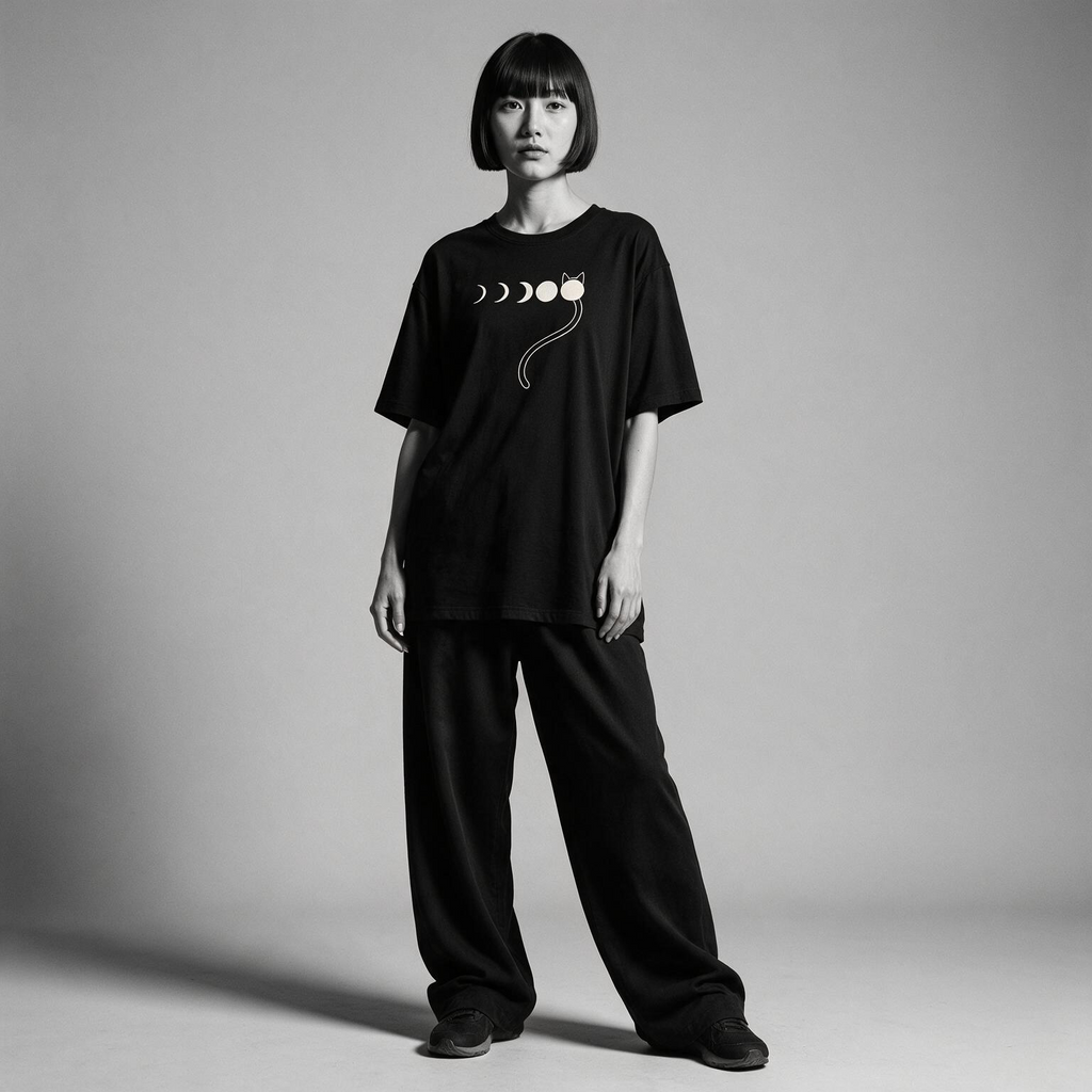 Kuroi Tsuki no Neko tee on model - streetwear fit photo 4