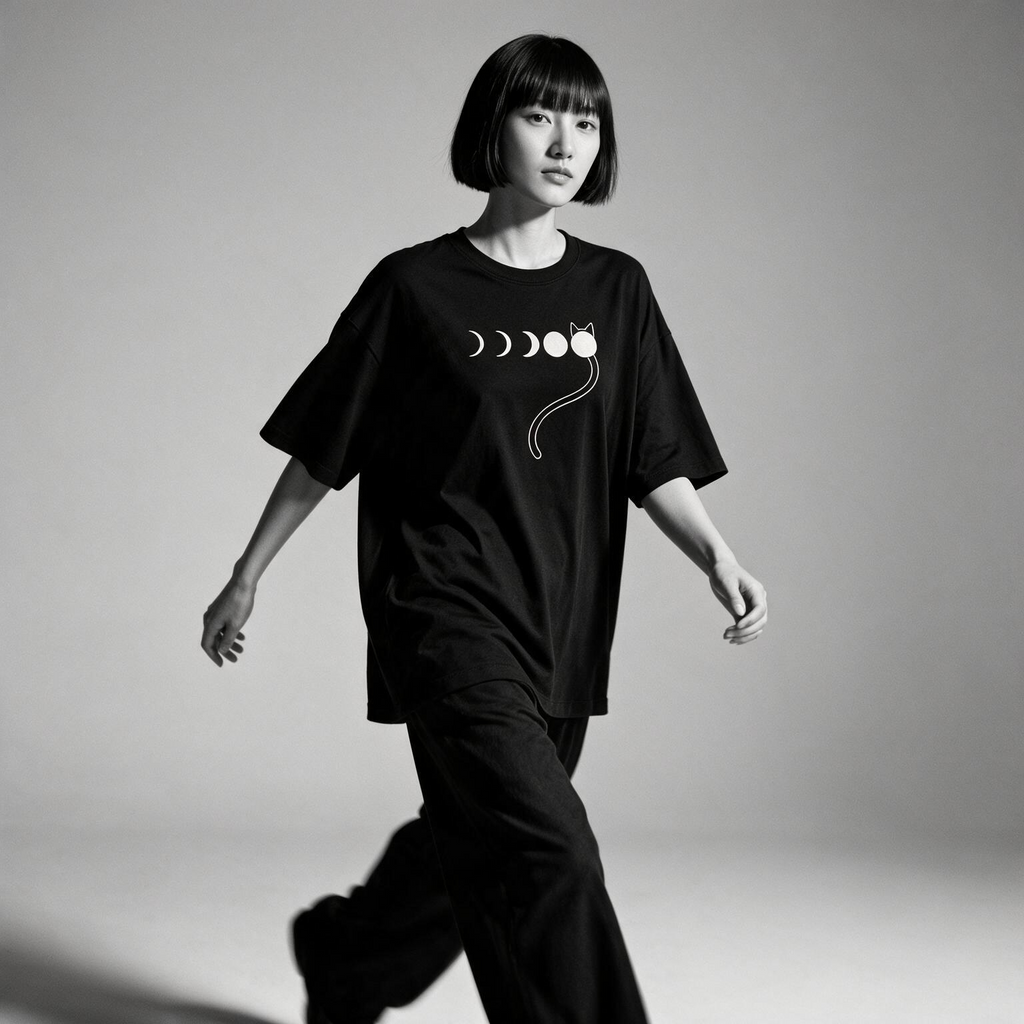 Kuroi Tsuki no Neko tee on model - streetwear fit photo 3