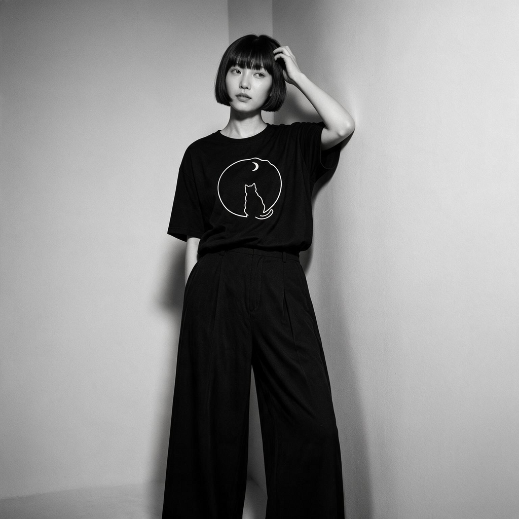 Model wearing Kuroi Marumado oversized black tee - Japanese minimalist streetwear