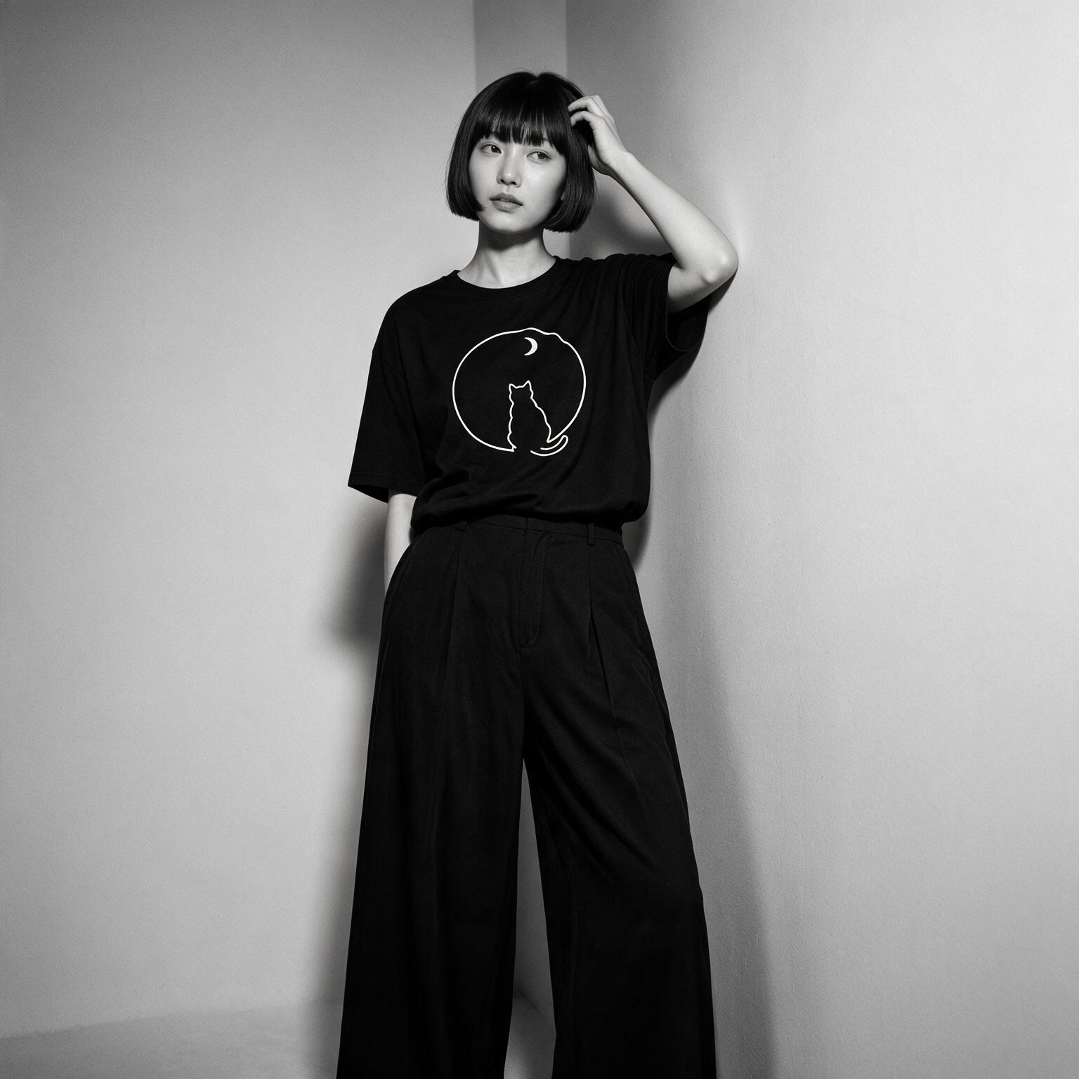 Model wearing Kuroi Marumado oversized black tee - Japanese minimalist streetwear