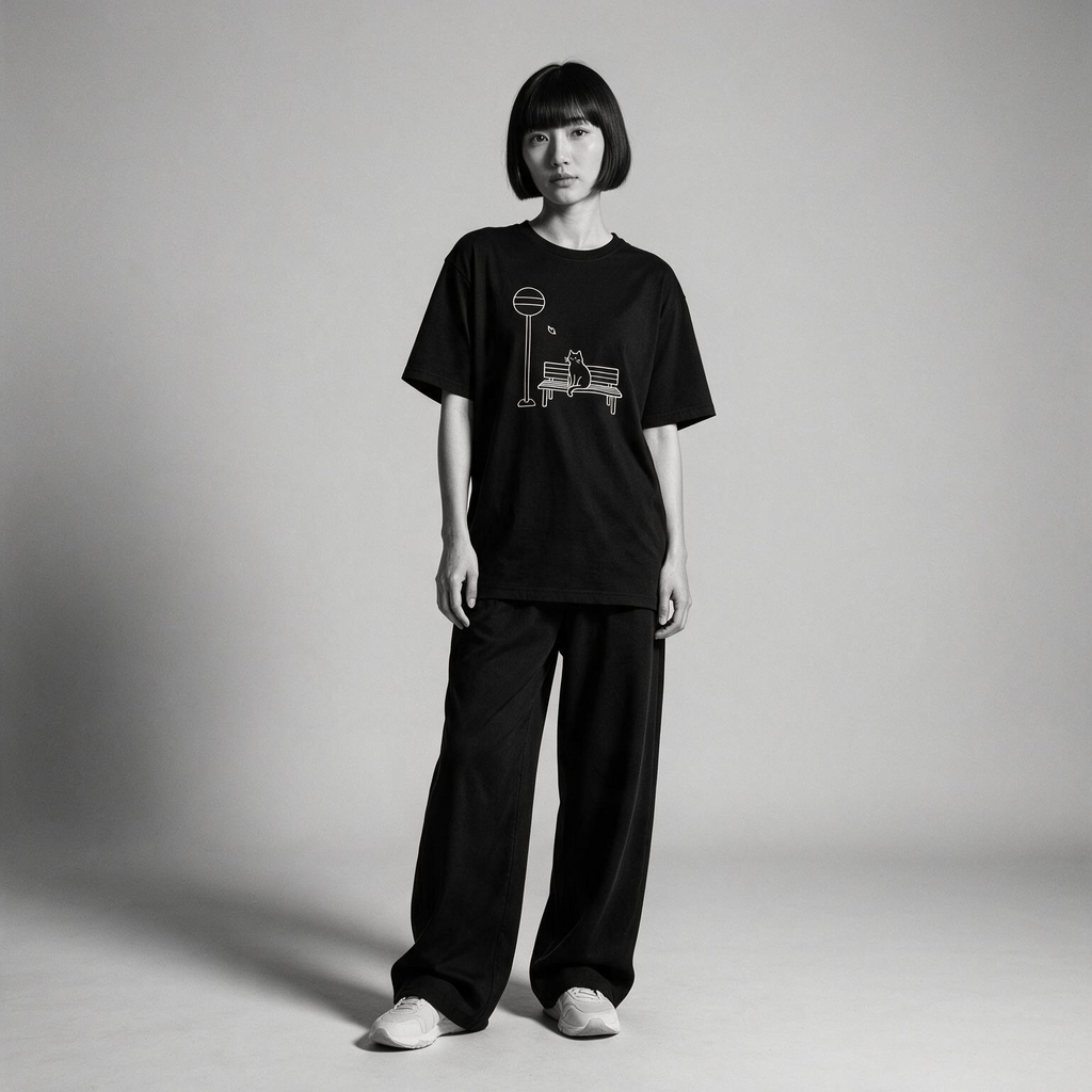 Kuroi Basu Tei Neko tee on model - streetwear fit photo 4