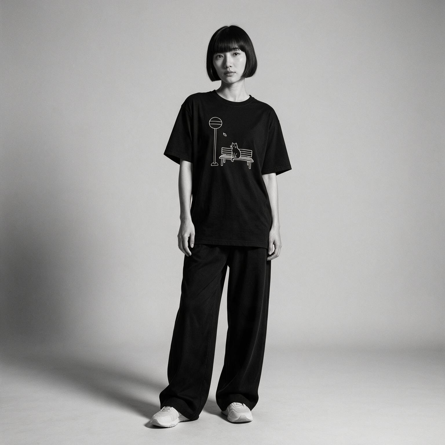 Kuroi Basu Tei Neko tee on model - streetwear fit photo 4