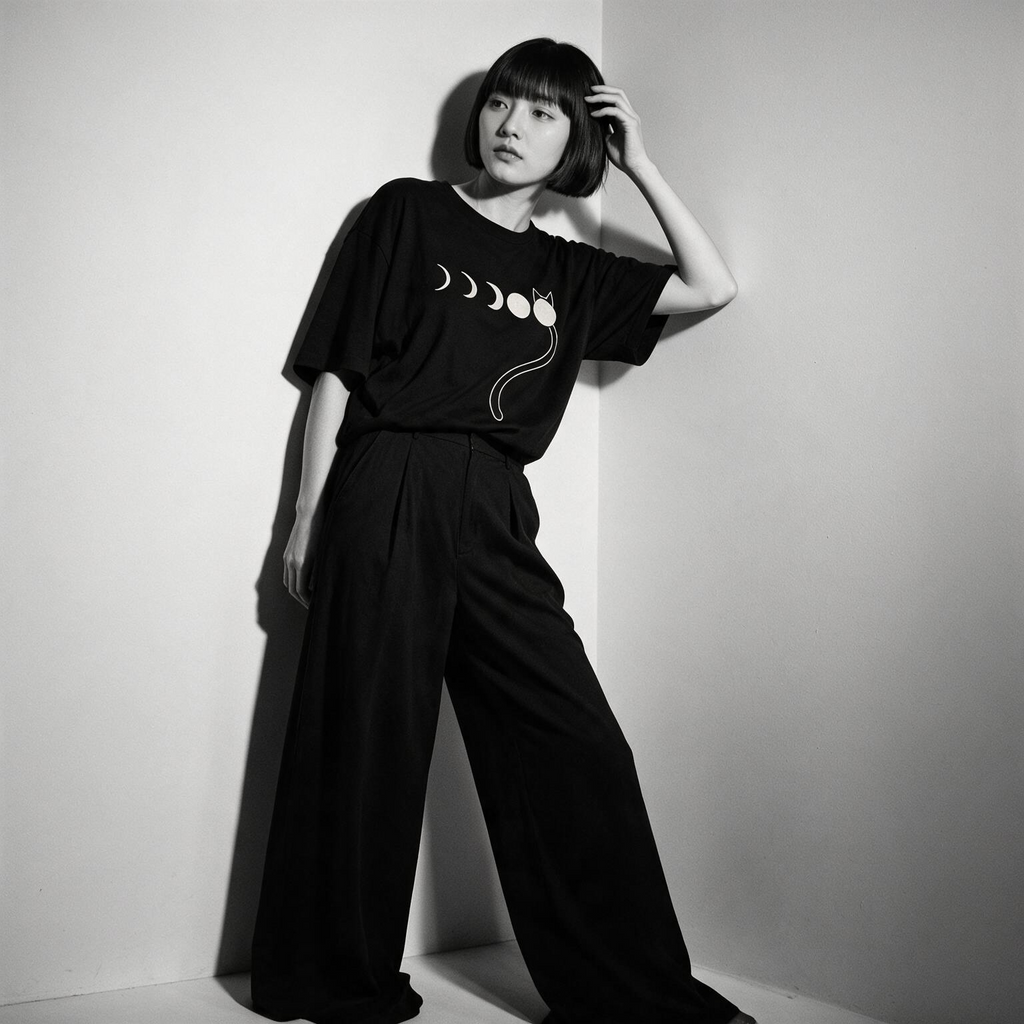Model wearing Kuroi Tsuki no Neko oversized black tee - Japanese minimalist streetwear