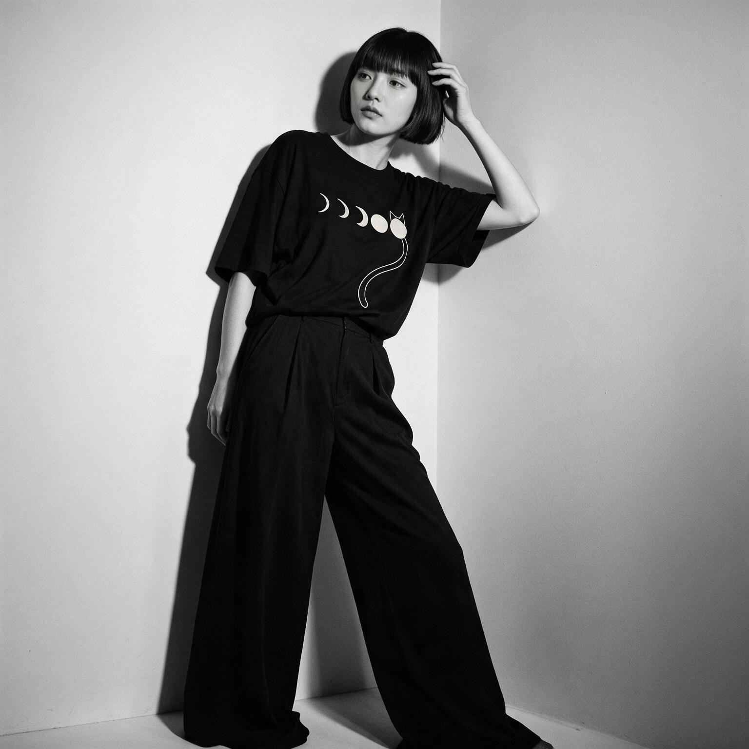 Model wearing Kuroi Tsuki no Neko oversized black tee - Japanese minimalist streetwear