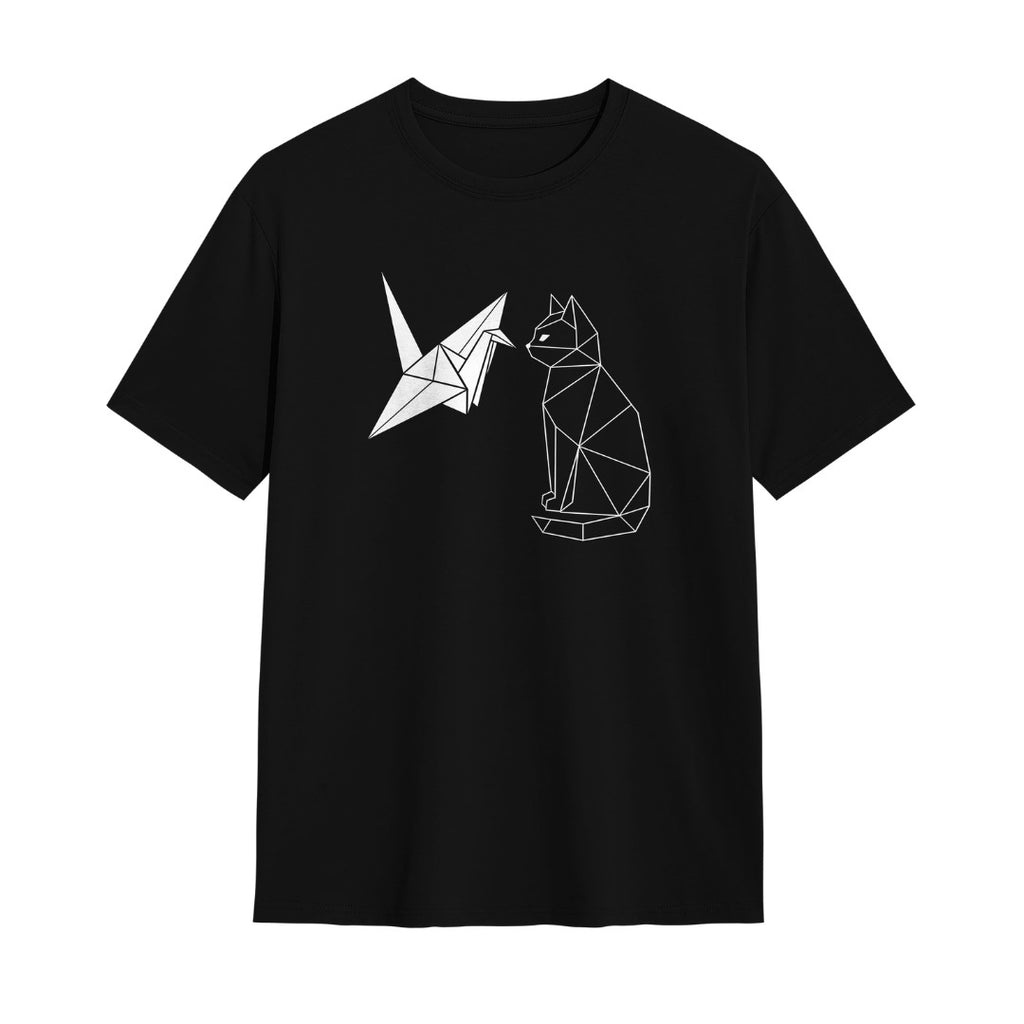 Kuroi Kami no Deai oversized black tee - origami crane meets origami cat