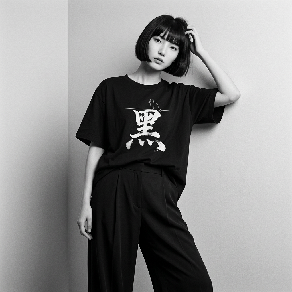 Model wearing Kuroi Kuro kanji oversized black tee - Japanese minimalist streetwear