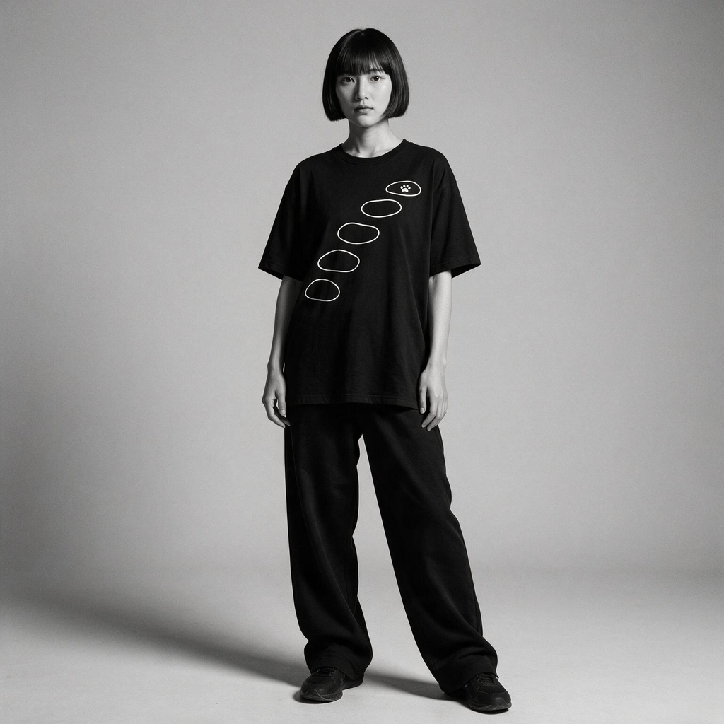 Model wearing Kuroi Tobi-ishi oversized black tee - Japanese minimalist streetwear