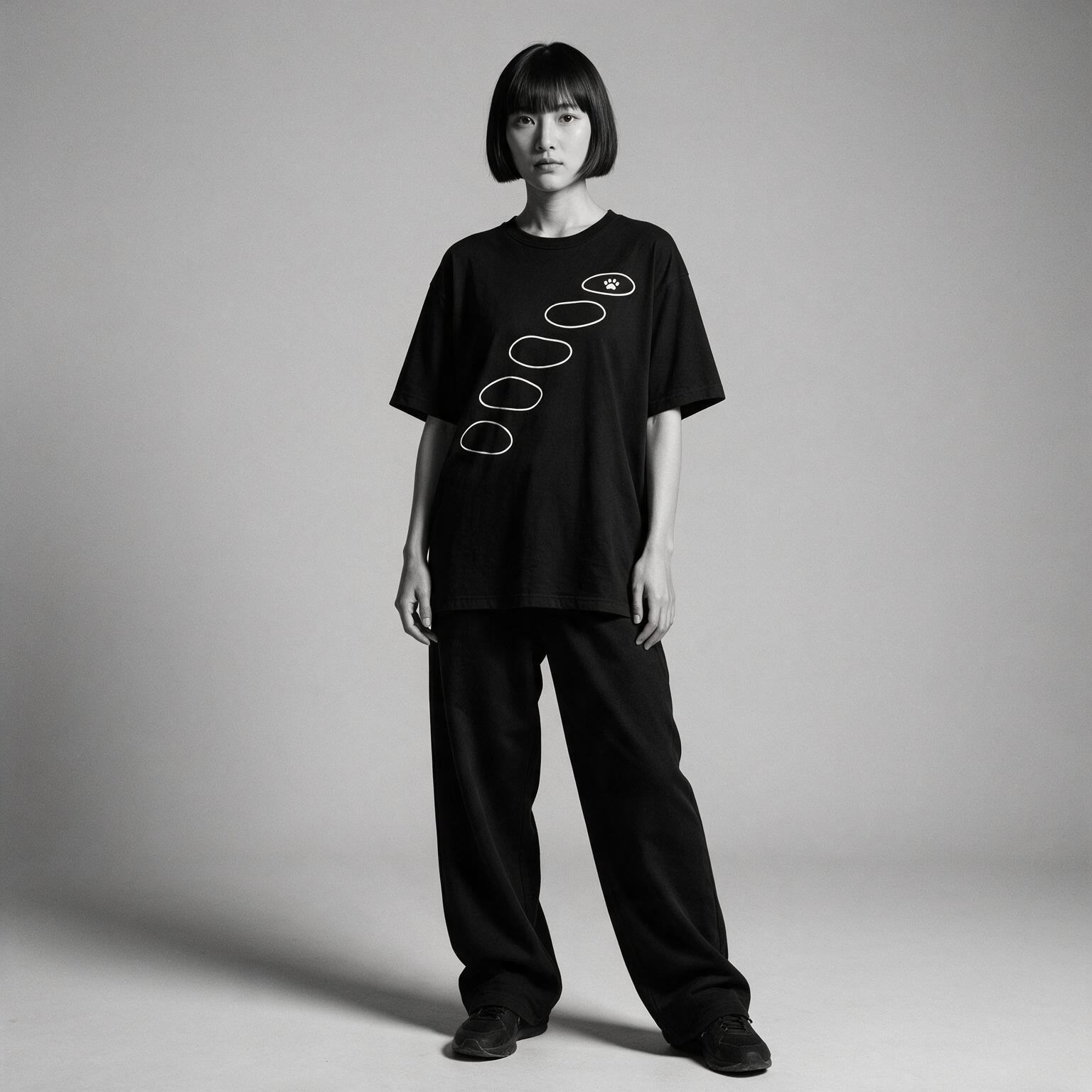 Model wearing Kuroi Tobi-ishi oversized black tee - Japanese minimalist streetwear