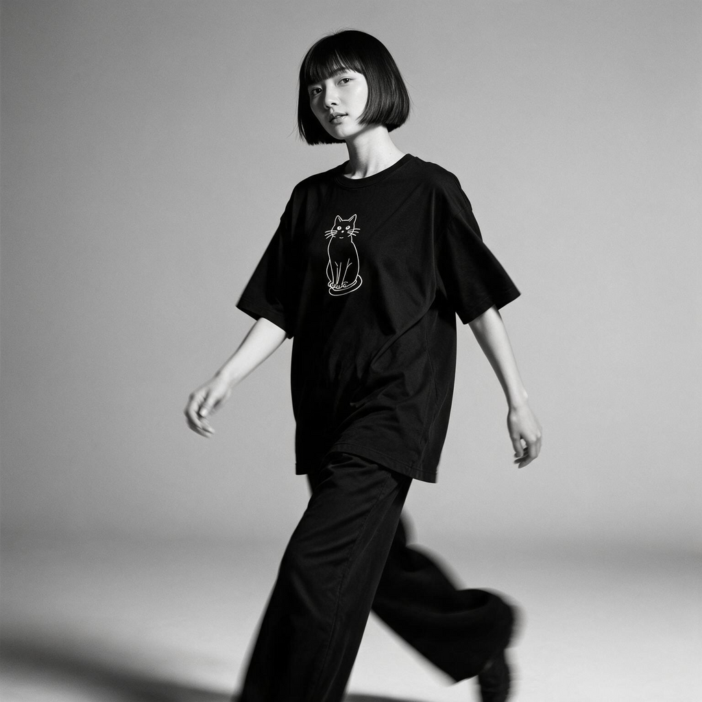 Kuroi Mono Neko tee on model - streetwear fit photo 2