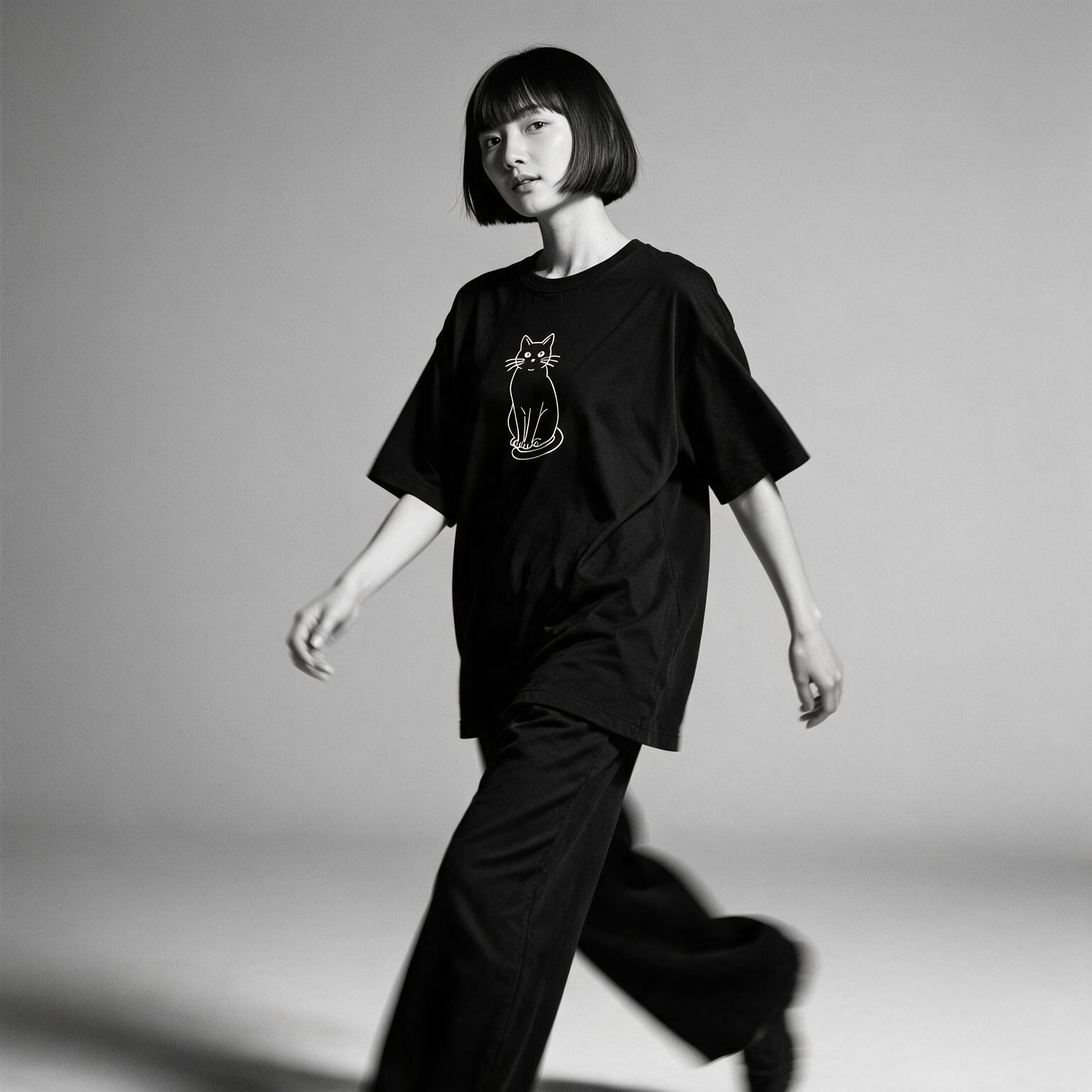 Kuroi Mono Neko tee on model - streetwear fit photo 2