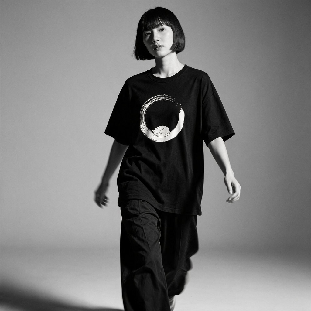 Kuroi Enso Neko tee on model - streetwear fit photo 3
