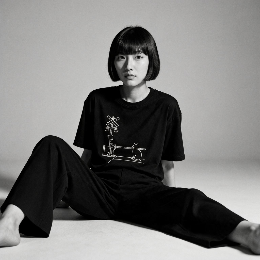 Model wearing Kuroi Fumikiri Neko oversized black tee - Japanese minimalist streetwear