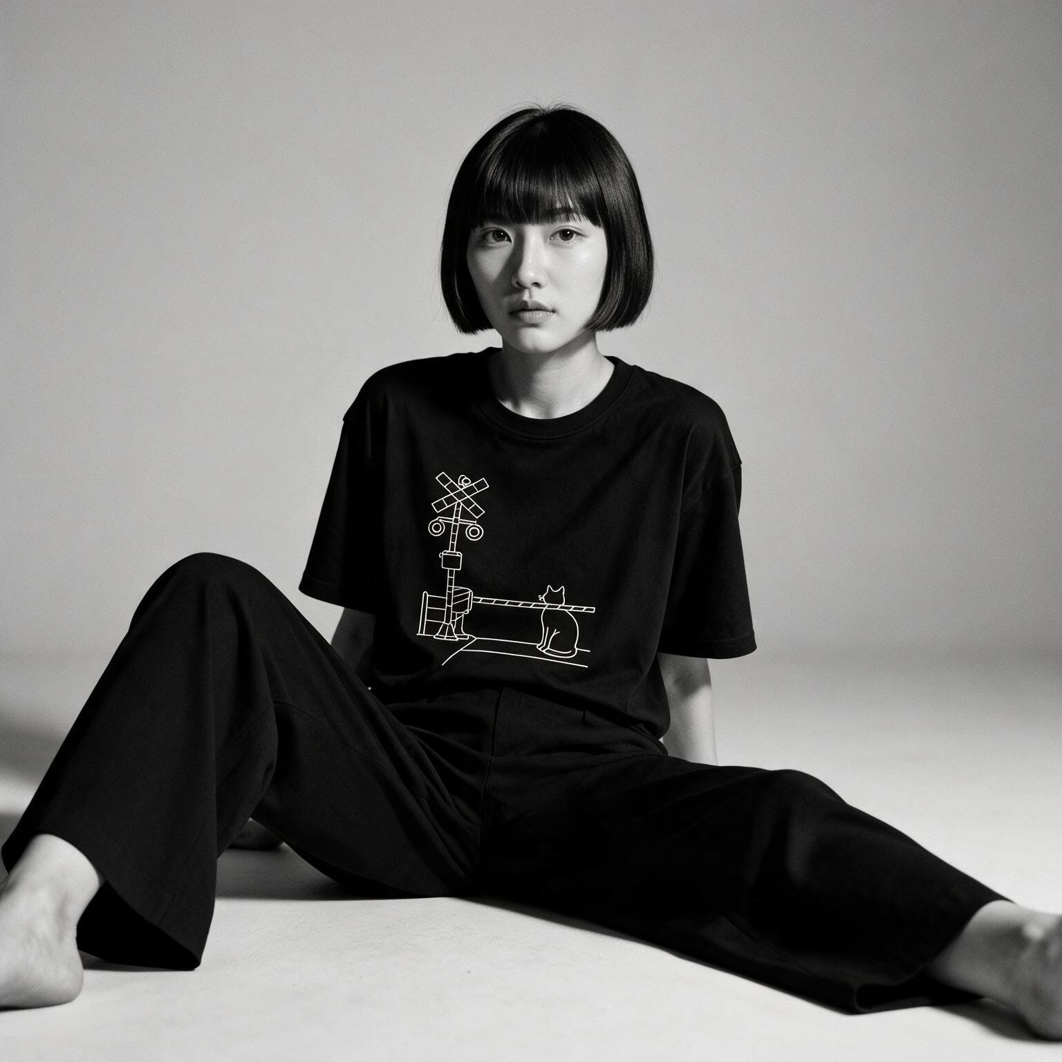 Model wearing Kuroi Fumikiri Neko oversized black tee - Japanese minimalist streetwear