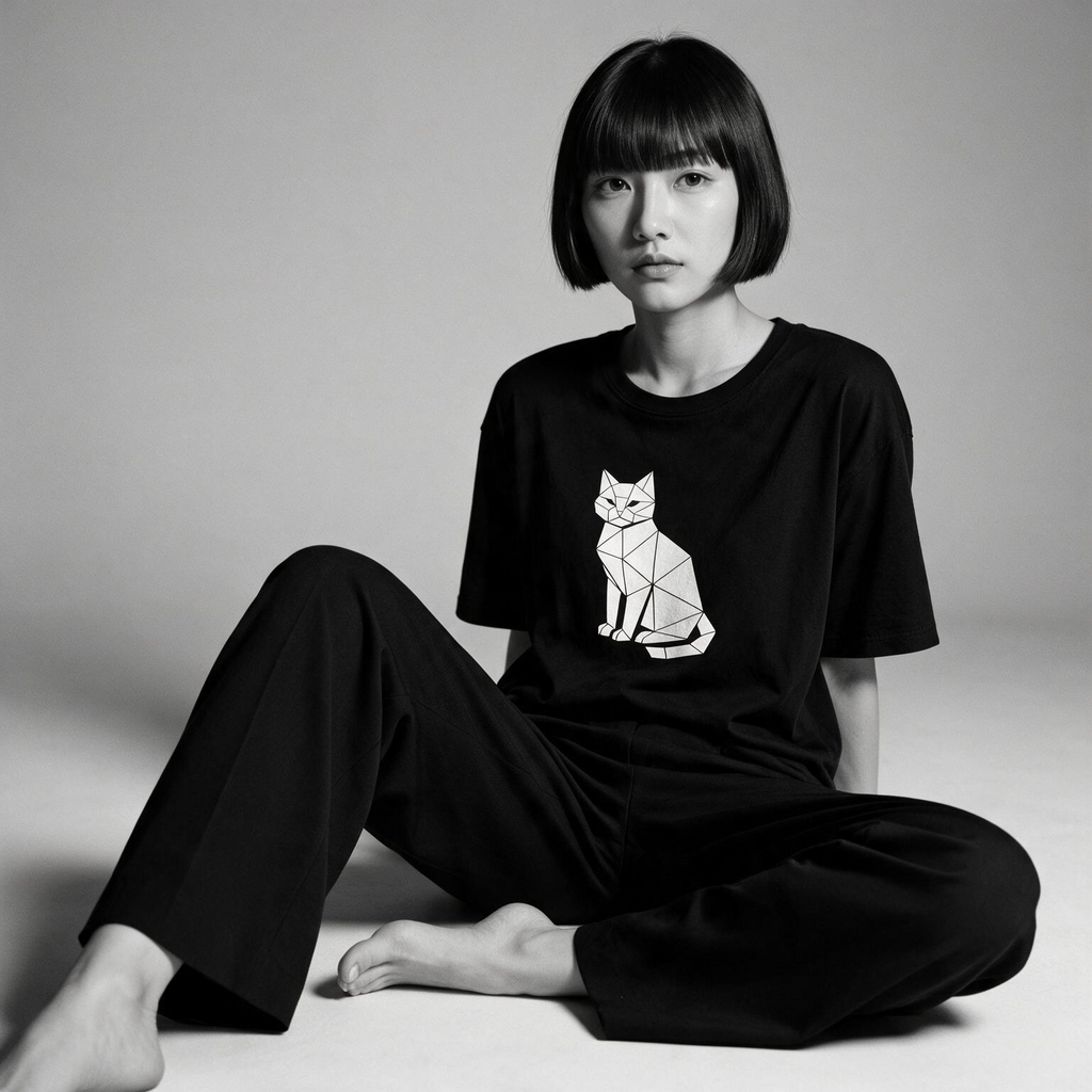 Kuroi Origami Neko tee on model - streetwear fit photo 2