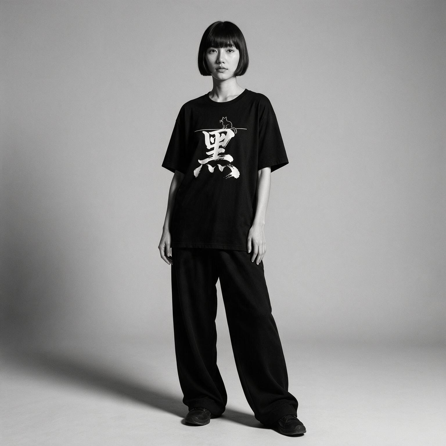 Kuroi Kuro kanji tee on model - streetwear fit photo 3